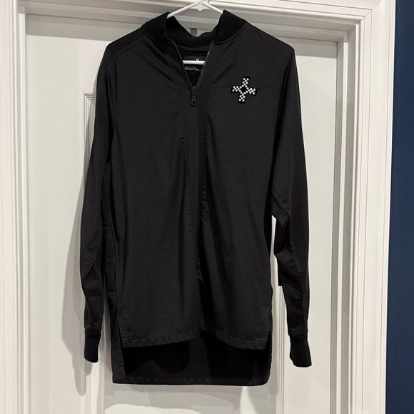 Honos Tops - Women's Black Long-Sleeve Jersey with Checker Cross Detail